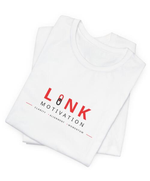 Folded white Link Motivation logo T-shirt with red and black print